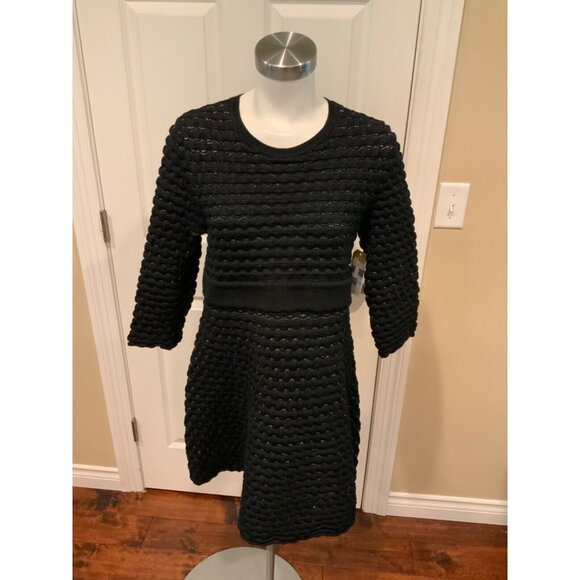 Kate Spade Shimmering Black Wavy Knit Long Sleeve Mini Dress, Size XXL